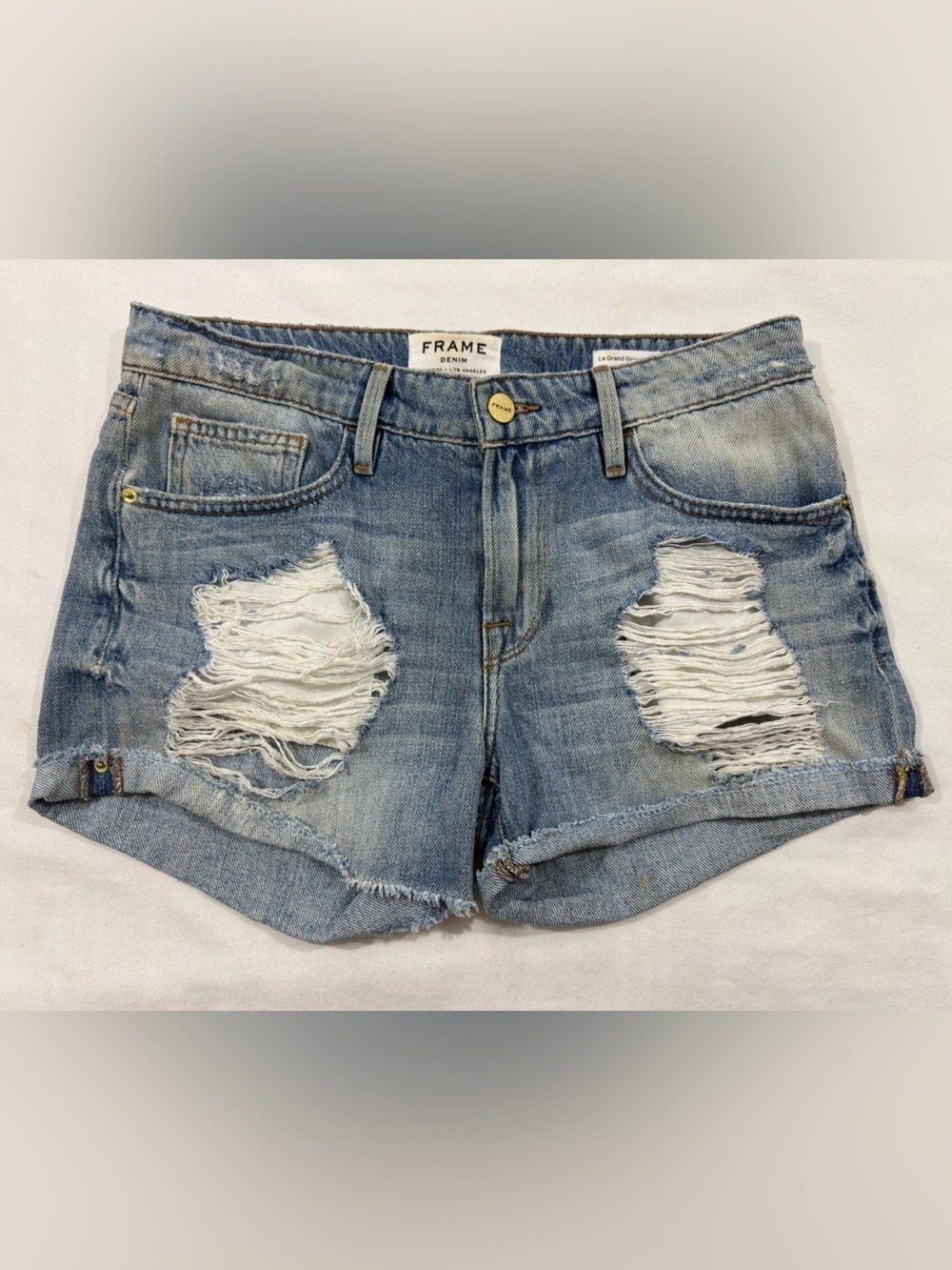FRAME Le Grand Garçon Henry Distressed Cuffed Denim Shorts Light Wash Size 25